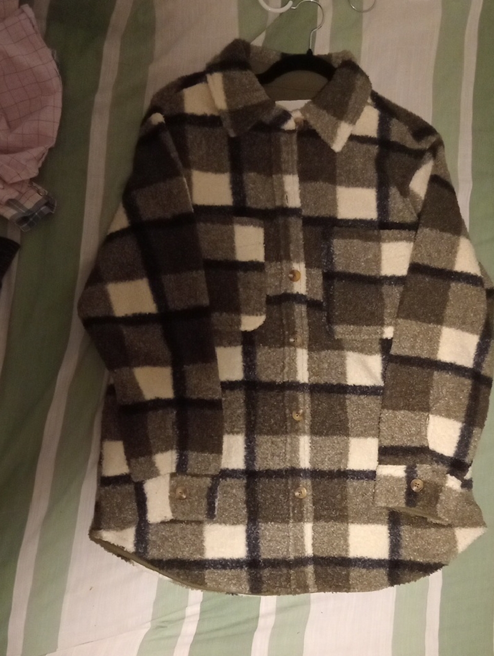 BRAND NEW Checked Wool-Blend Shacket Jacket - White & Olive